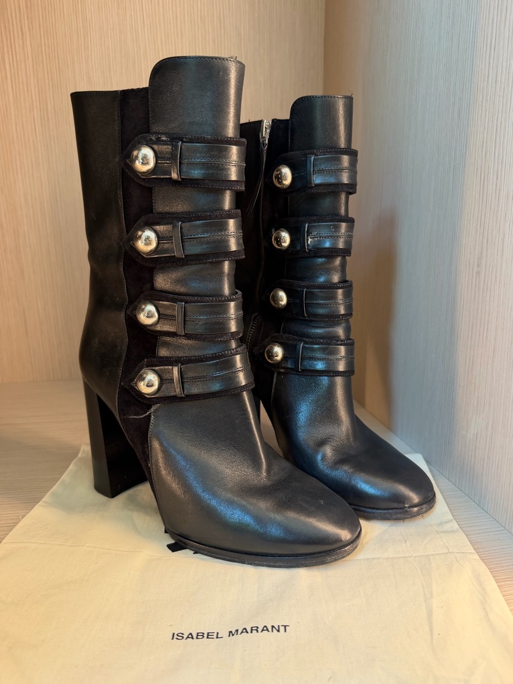 Isabel Marant Black Leather Mid-Calf Buckle Strap Heeled Boots